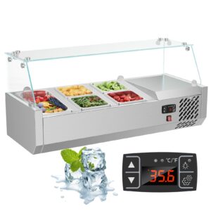 mojgar refrigerated condiment prep station, 40 inch salad bar prep 304 stainless body, sandwich prep table with 1 1/3 pan & 4 1/6 pans tempered glass shield auto defrost