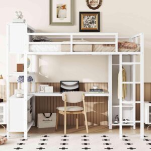 ATY Full Size Loft Bed with Storage Cabinets and Shelves, Sturdy Metal Bedframe w/Wardrobe & Built-in Desk, Save Space Design, for Kids Bedroom, Dorm, White