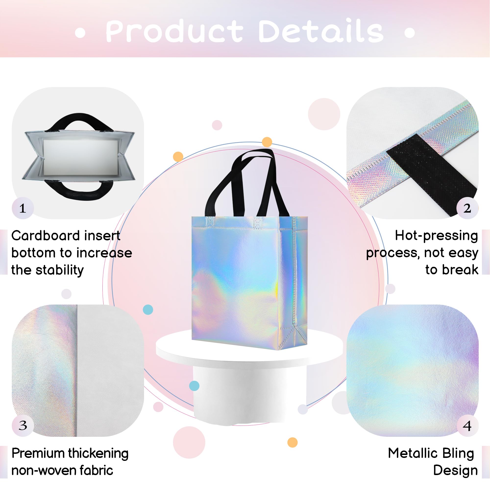 cabzymx 9 Pcs Glossy Small Iridescent Gift Bags in Bulk, 8x3.9x9.8 In Non-woven Reusable Party Goodie Bags with Sturdy Bases for Birthday, Weddings, Holiday, Easter, Party