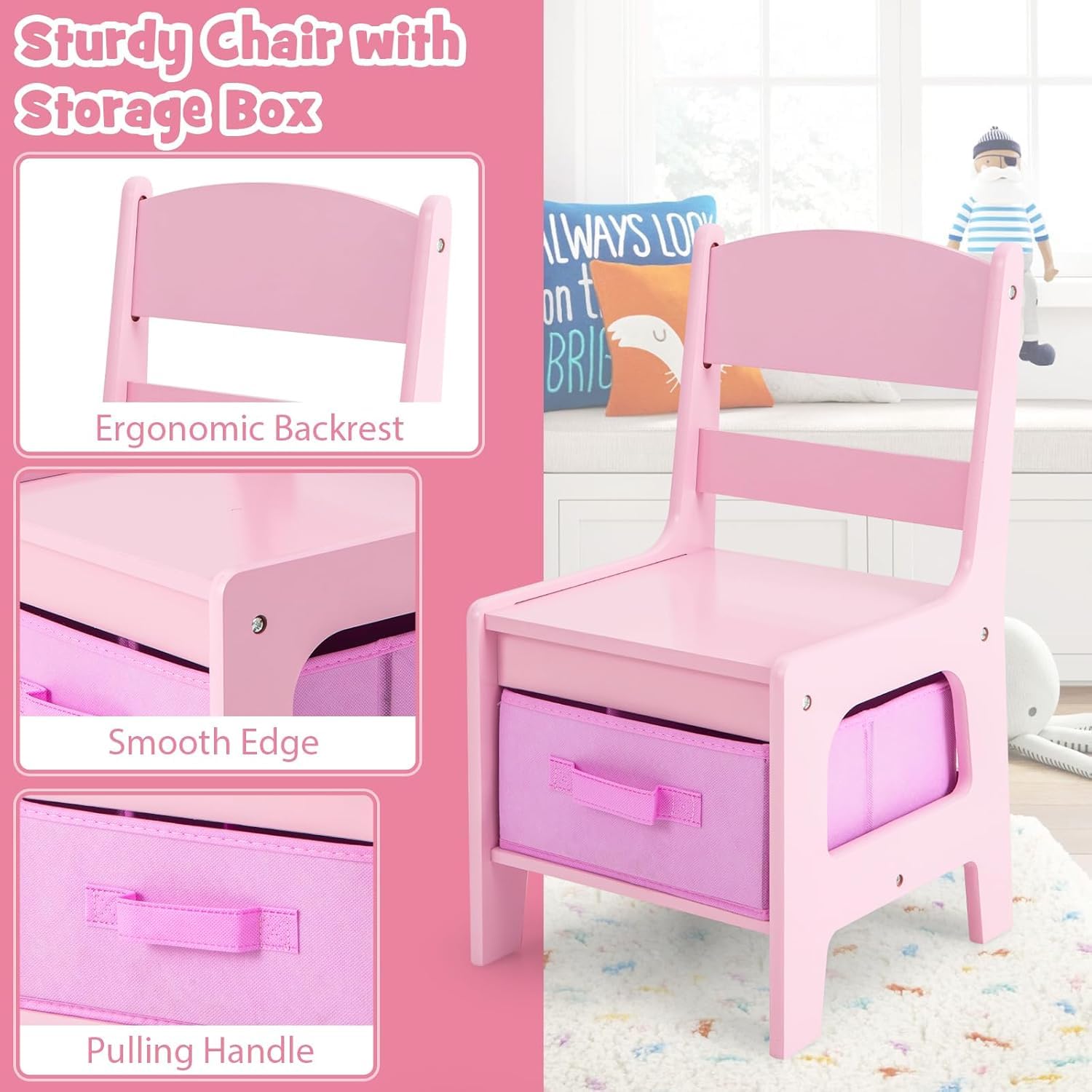 LDAILY Kids Table and Chairs, 3 in 1 Wooden Kids Table with Storage Drawer, Removable Blackboard, Reversible Tabletop, Toddler Table and Chair Set for Drawing, Reading, Writing, Playroom (Pink)