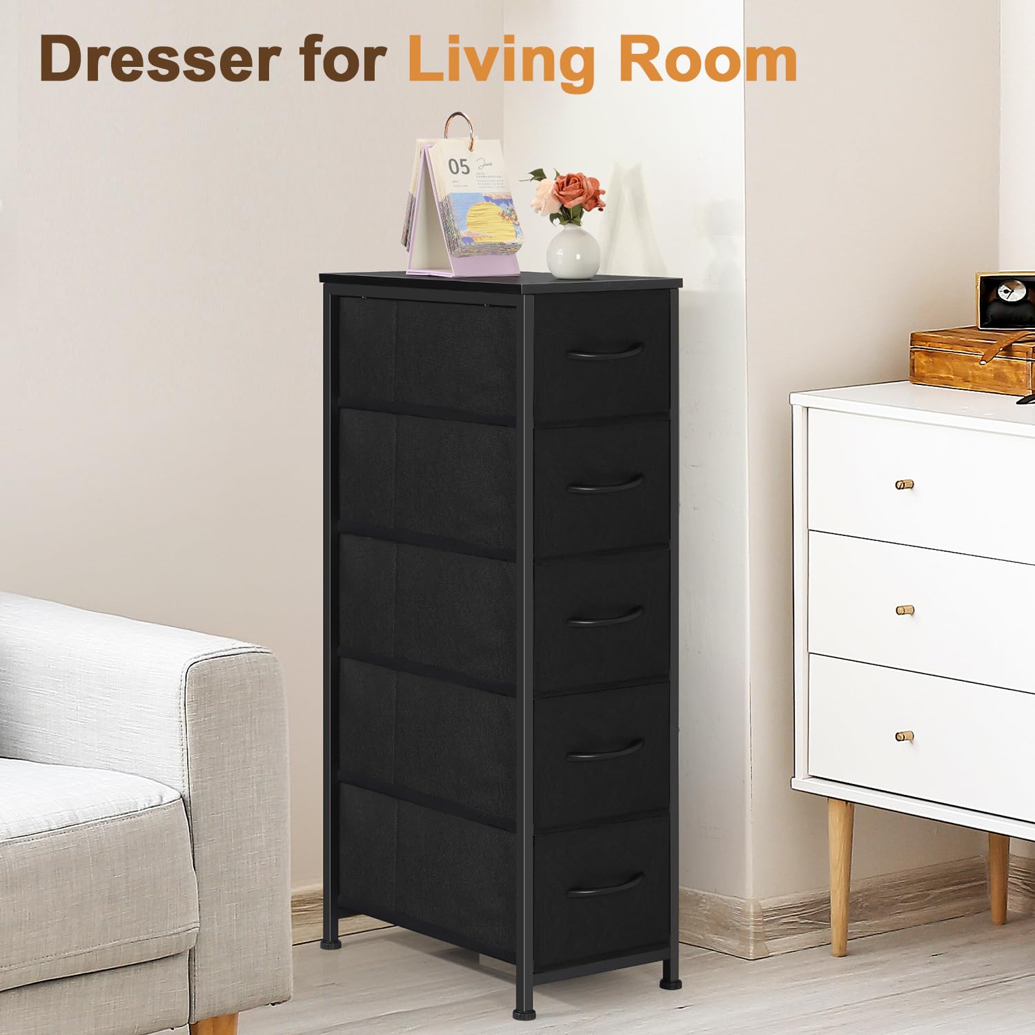 Ebeneze Narrow Dresser with 5 Drawers, Storage Cabinet, Slim Fabric Tower with Wheels, Wood Shelf, Bedroom Organizer Skinny Chest for Small Spaces, Bathroom, Living Room, Laundry, Closet, Black