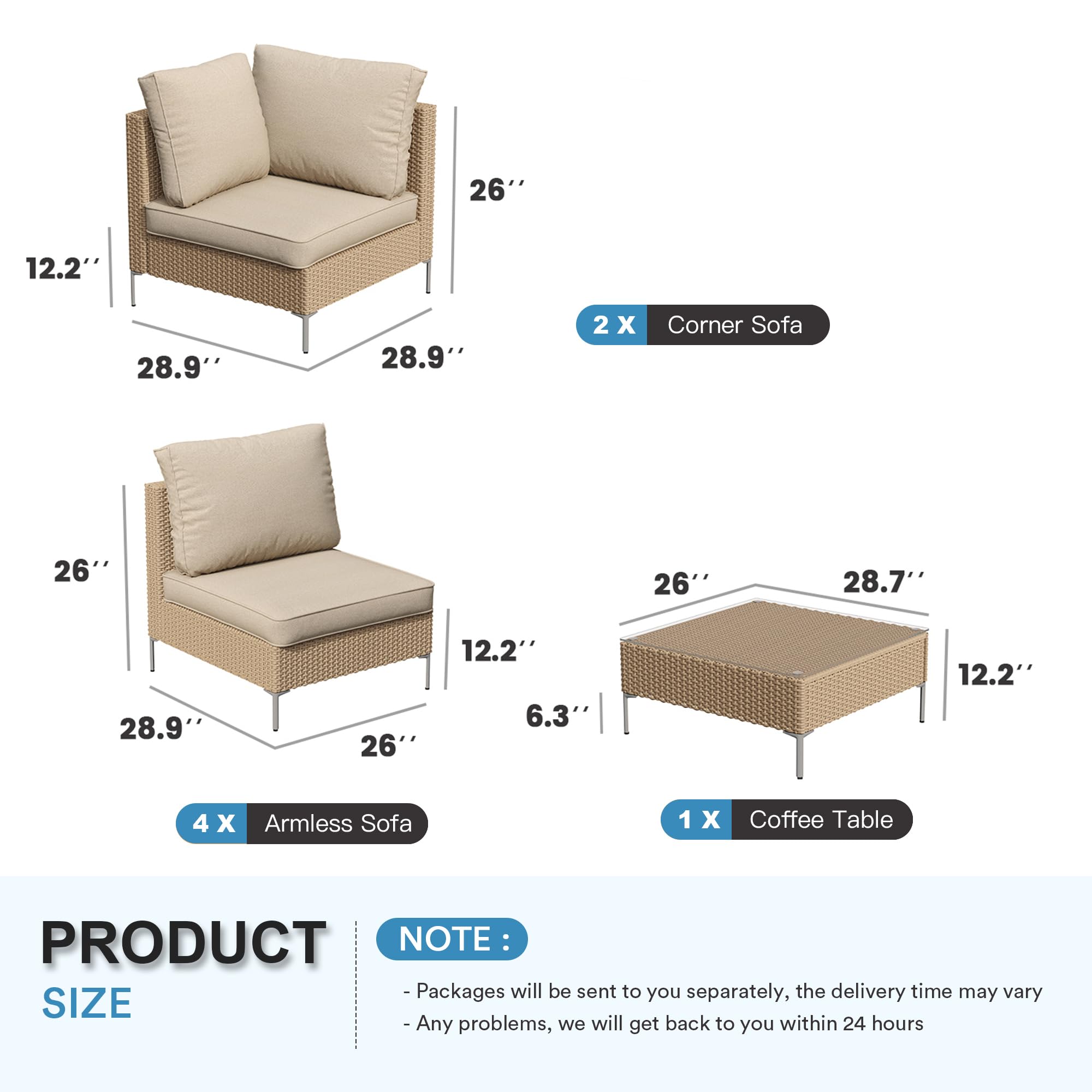 DIFY Outdoor Furniture Patio Set 7 Pieces Wicker Rattan Conversation Set with Thickened Cushions and Coffee Table, Sectional Sofa Set for Porch Deck Garden, Oak