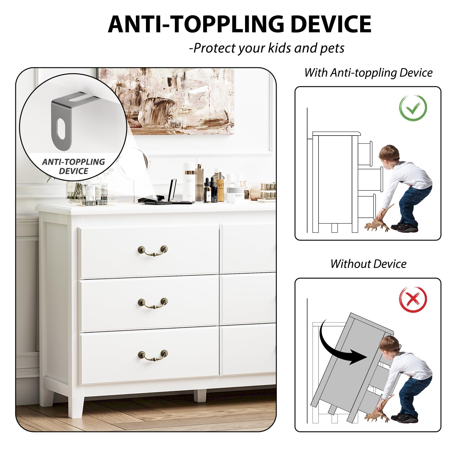 HOUROM White Dresser, Modern Farmhouse 6 Drawer Double Dresser for Bedroom Adults & Kids with Vintage Gold Pulls, Wide Dressers & Chests of Drawers, 6 Drawer Dressers for Hallway, Antique White