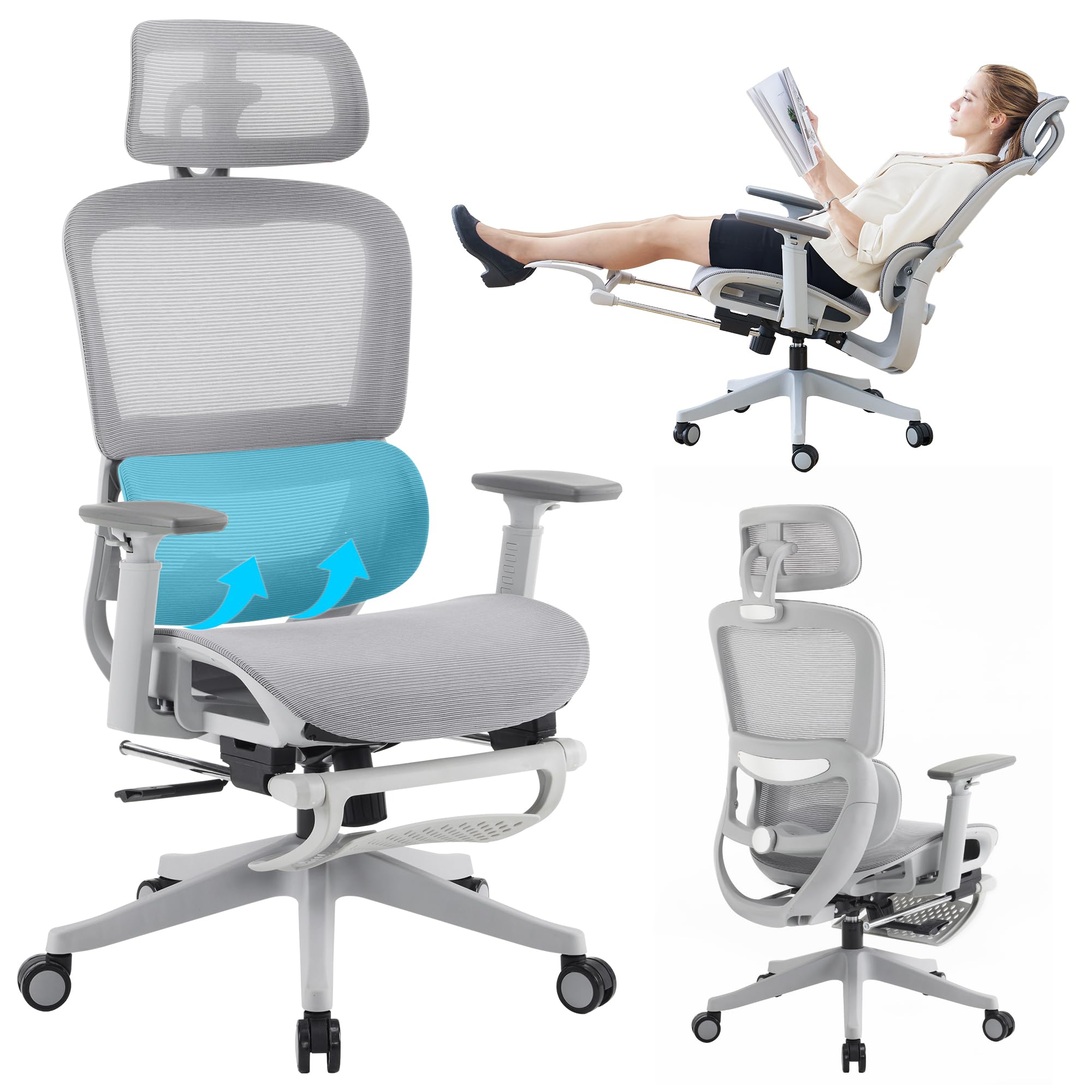 Gzagdecr Ergonomic Office Chair, High Back Gaming Chair with Footrest,Big and Tall Home Office Desk Chair,Mesh Computer Chair with Adjustable Lumbar Support,3D Armrests,Reclining(White-Gray)