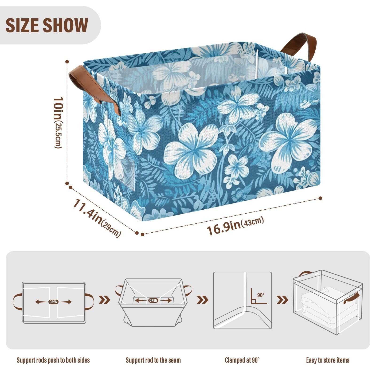 SPRIPORT Hawaii Blue Flowers Foldable Storage Cube for Shelves Fabric Storage Bin with Metal Frame & Double Handles Large Storage Box for Organizing Clothes Blankets Toys Books