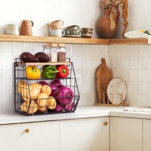 3 Tier Fruit Basket for Kitchen with Bamboo Cutting Board, Pantry Kitchen Organizers and Storage, 2 Set Stackable Wire Wall Basket, Onion Potato Vegetable Storage for Countertop Floor Cabinet Shelf