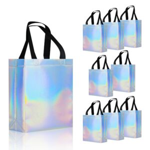 cabzymx 9 pcs glossy small iridescent gift bags in bulk, 8x3.9x9.8 in non-woven reusable party goodie bags with sturdy bases for birthday, weddings, holiday, easter, party