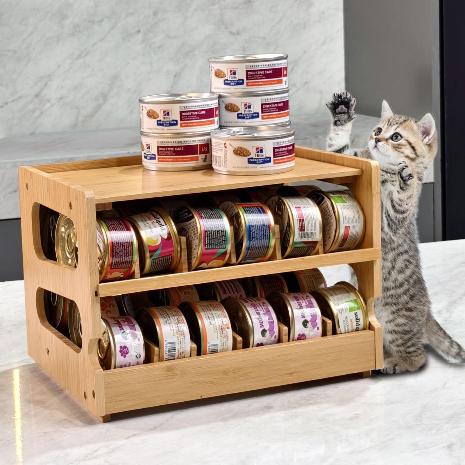 Cat Food Organizer, Cat Food Can Organizer, Can Organizer for Pantry, Cat Food Storage, Bamboo, Holds 36 (3oz) Cans