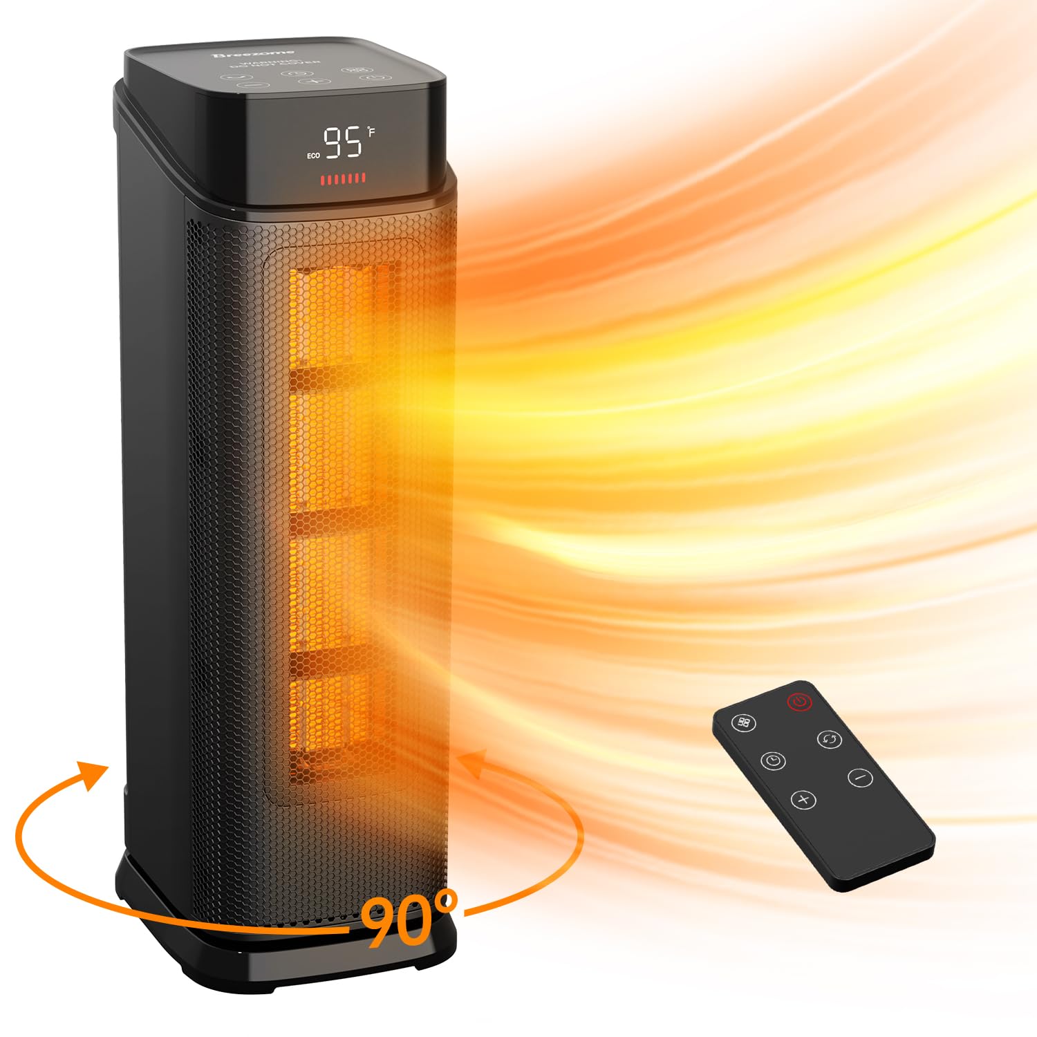 BREEZOME Space Heater Indoor, 1500W PTC Electric Heaters for Home with Thermostat & 90° Oscillating, 24H Timer, Quiet Ceramic Tower Heater, Portable Safety Room Heater with Remote for Bedroom Office