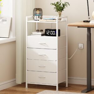 Kitstorack Night Stand with Charger Station and LED Light White Nightstand with Drawers Bedside Table Tall Nightstand 4 Fabric Drawers