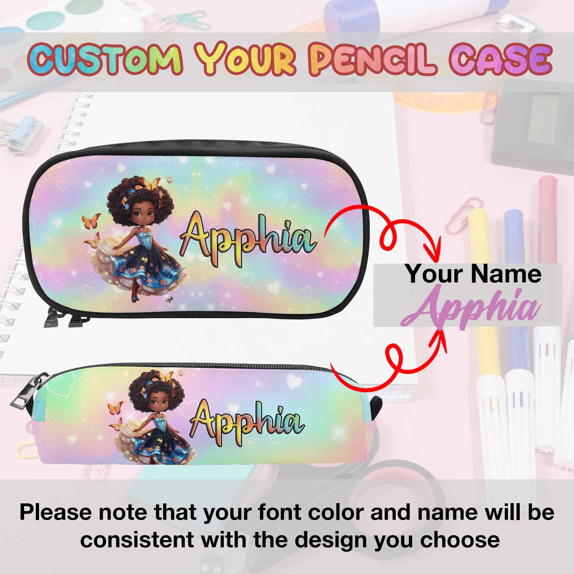 Personalized Kindergarten Pencil Case with Name for Black Girls,Custom Princess Pencil Case Pouch School Backpack and Lunch Box for Kids,Customized Stationery Pouch,Writing Tool Organizer,Pen Holder