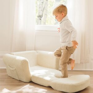 Tiny Land Kids Couch 2-in-1 Foldable Sofa Bed – 3D Teddy Curly with Pockets, Tactile Sensory-Enhancing Lounger for Toddlers, Ideal for Playroom – Afternoon Couch and Chair for Boys and Girls,Cream