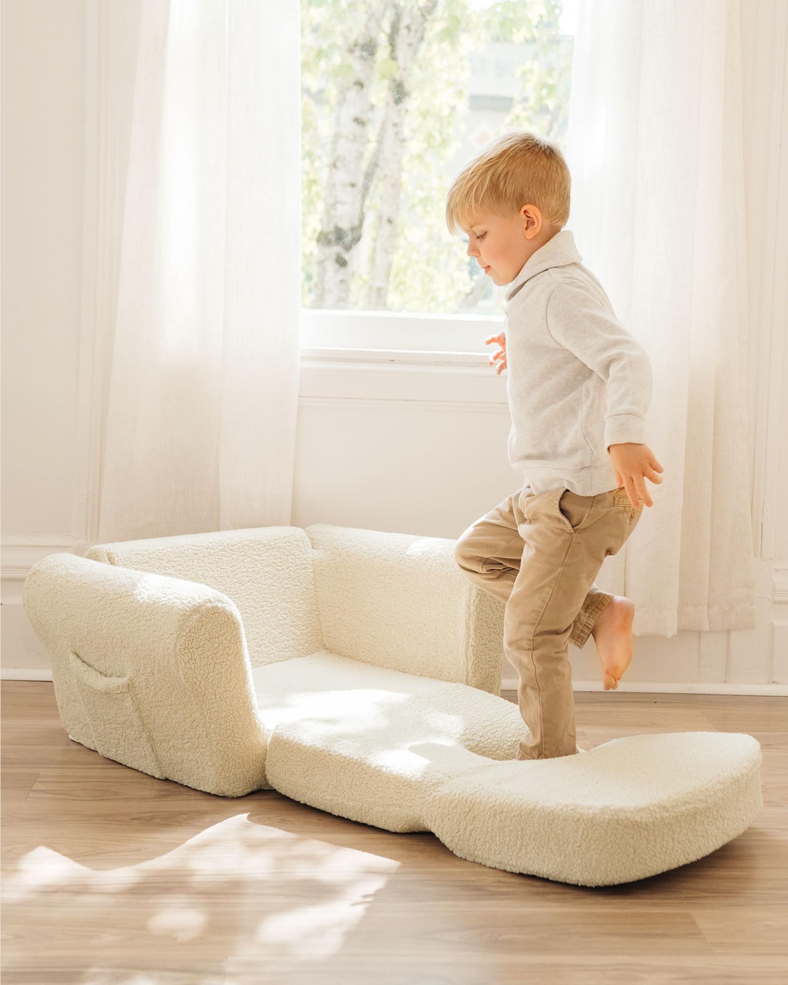 Tiny Land Kids Couch 2-in-1 Foldable Sofa Bed – 3D Teddy Curly with Pockets, Tactile Sensory-Enhancing Lounger for Toddlers, Ideal for Playroom – Afternoon Couch and Chair for Boys and Girls,Cream