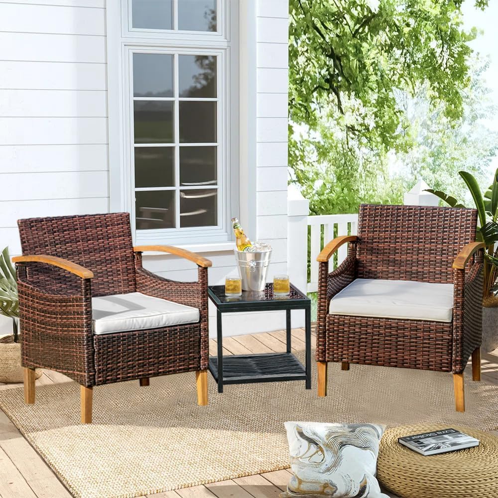 YEEFY 3 Piece Outdoor Patio Furniture Set Outdoor Furniture Set with Table Outside Lawn Patio Chairs Set of 2 Patio Conversation Sets Bistro Wicker Patio Set for Backyard Porch Balcony Garden (Brown)