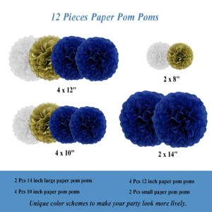 Envibe Navy Blue White Gold Party Decorations, Tissue Paper Pom Poms for Birthday Decorations, Baby Showers, Gender Reveal, Bridal Shower Decorations, 34 Pcs Blue Wedding Decorations.