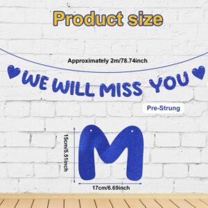 Pre-threaded We Will Miss You Farewell Banner, Blue Glitter Banner Graduation Retirement Party Decorations Going Away Decor for Goodbye Army Party