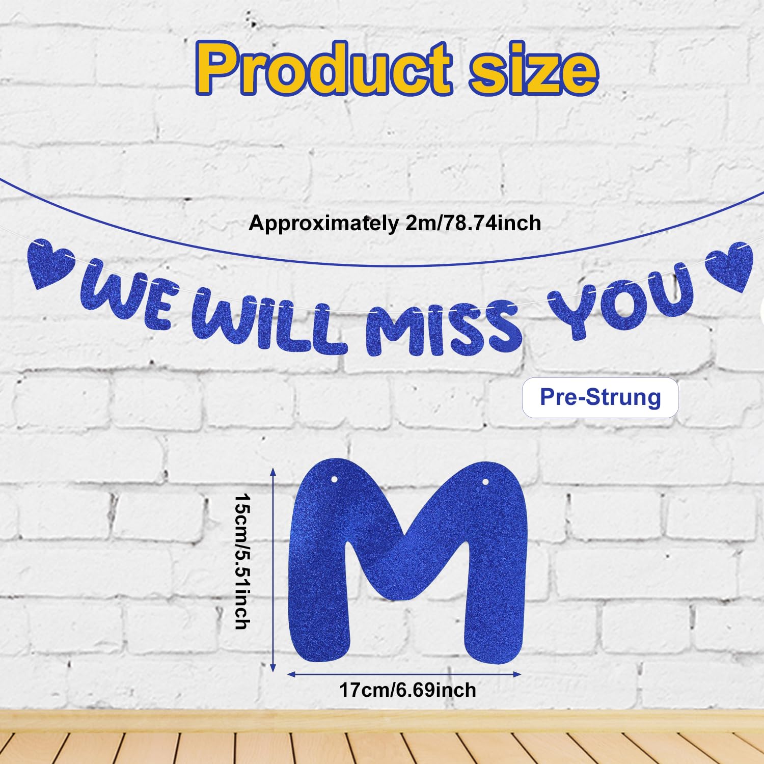 Pre-threaded We Will Miss You Farewell Banner, Blue Glitter Banner Graduation Retirement Party Decorations Going Away Decor for Goodbye Army Party