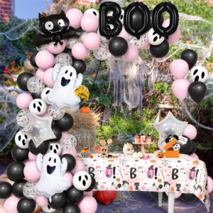 AIBIIN 112pcs Pink Black Halloween Baby Shower Decorations Halloween Little Boo Party Kit With Boo Party Tablecloth Halloween Cute Ghost Boo Balloon Garland Kit Baby Shower Birthday Party