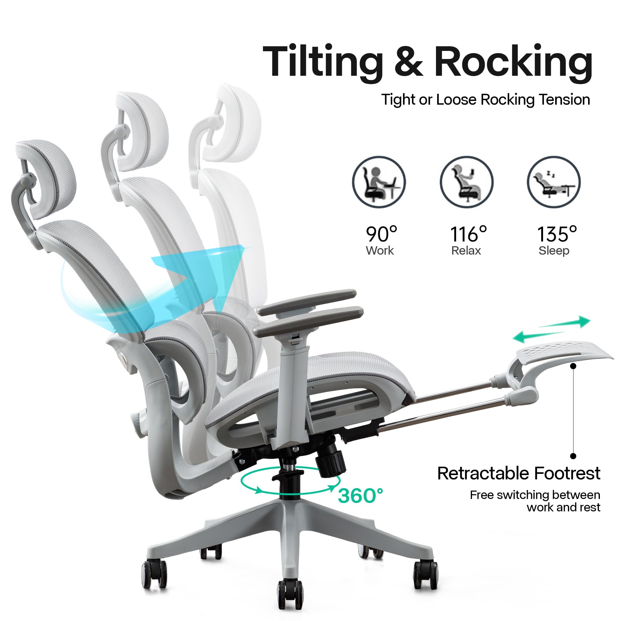 Gzagdecr Ergonomic Office Chair, High Back Gaming Chair with Footrest,Big and Tall Home Office Desk Chair,Mesh Computer Chair with Adjustable Lumbar Support,3D Armrests,Reclining(White-Gray)