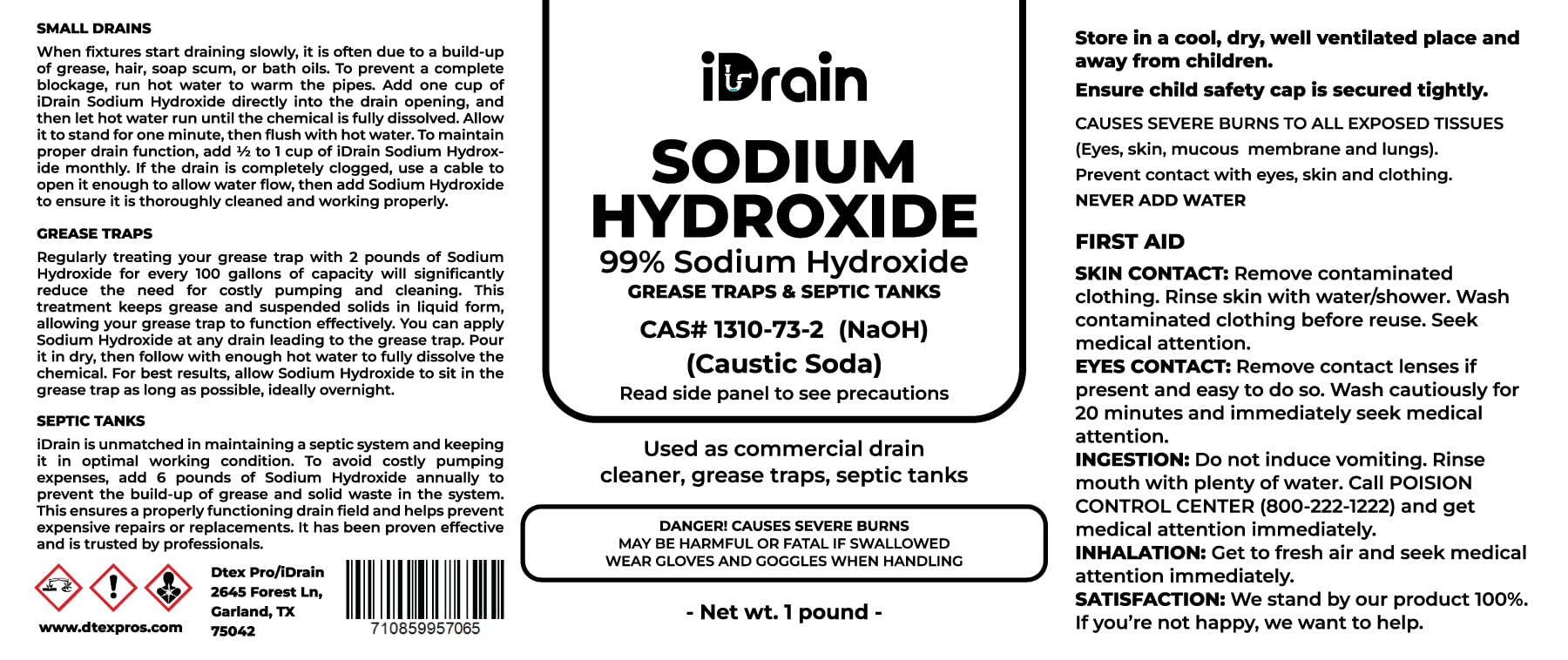 iDrain Sodium Hydroxide (NaOH) as a Drain Opener, Grease Trap Cleaner & Septic Tank Maintainer 1-Pound