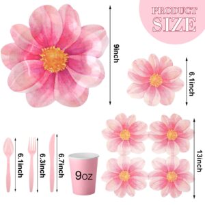 Sieral 144 Pcs Flower Party Supplies Include Disposable Flower Paper Plates Decorative Pink Floral Plates Napkins Cups and Cutlery for Bridal Baby Shower Wedding Birthday Summer Tableware Decoration