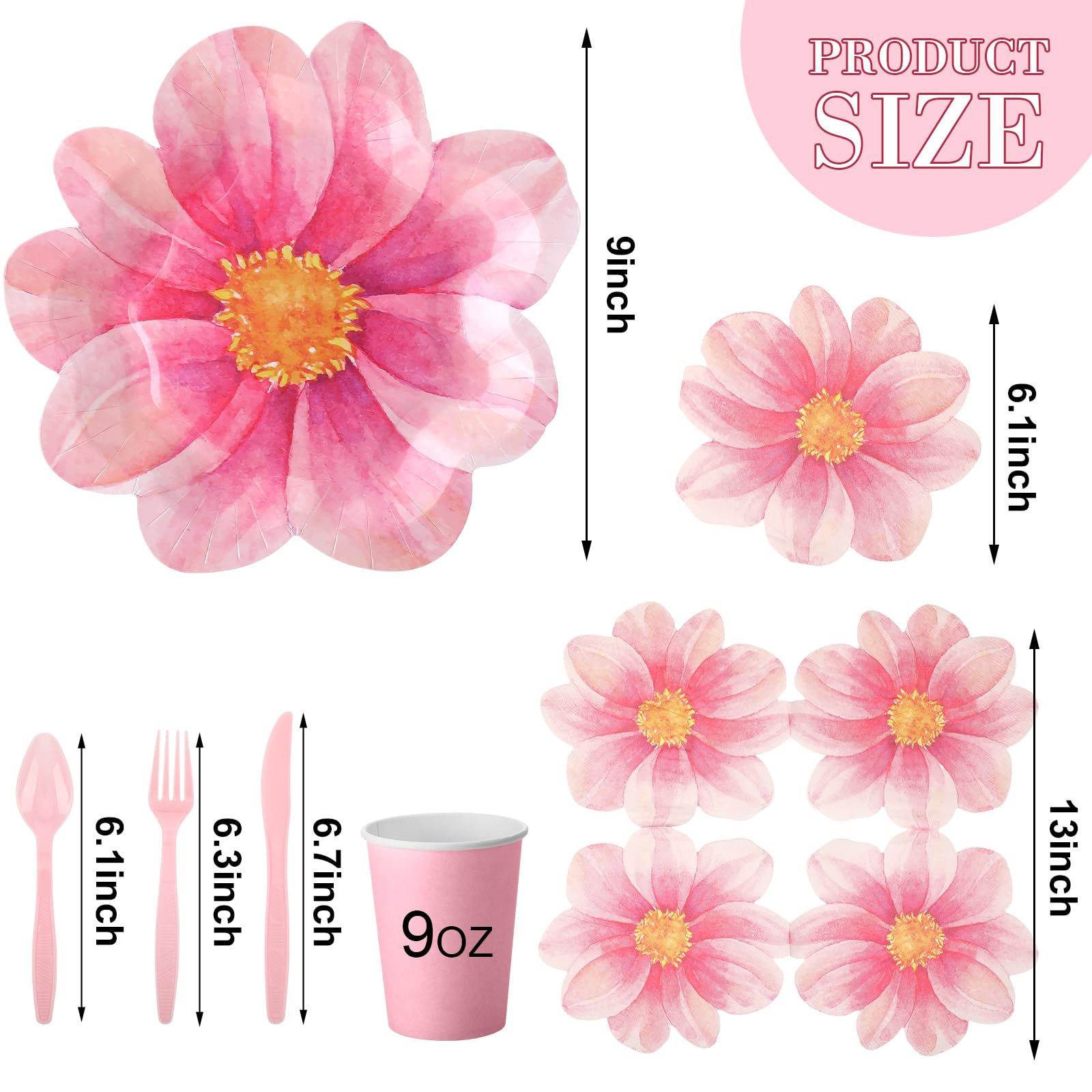 Sieral 144 Pcs Flower Party Supplies Include Disposable Flower Paper Plates Decorative Pink Floral Plates Napkins Cups and Cutlery for Bridal Baby Shower Wedding Birthday Summer Tableware Decoration