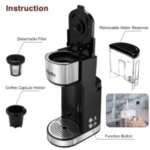 Single Serve Coffee Maker K Cup with Reservoir, Space Saver One Cup Coffee Maker, 2 In 1 Coffee Maker 6 To 14 Oz Brew Sizes,Fits Travel Mug,Single Pod Coffee Maker with Self-Cleaning Function