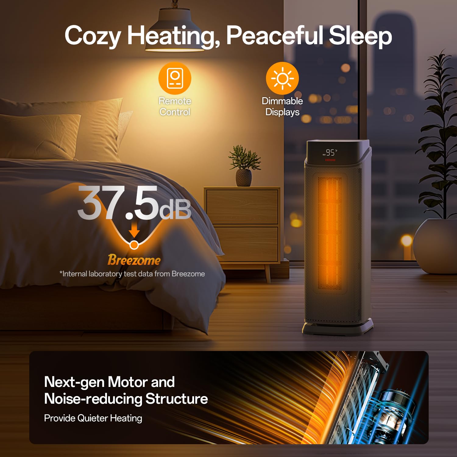 BREEZOME Space Heater Indoor, 1500W PTC Electric Heaters for Home with Thermostat & 90° Oscillating, 24H Timer, Quiet Ceramic Tower Heater, Portable Safety Room Heater with Remote for Bedroom Office