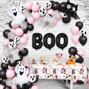 aibiin 112pcs pink black halloween baby shower decorations halloween little boo party kit with boo party tablecloth halloween cute ghost boo balloon garland kit baby shower birthday party