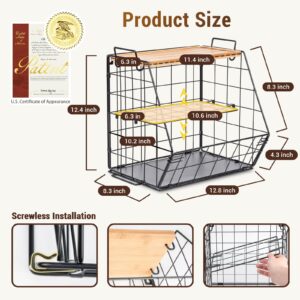 3 Tier Fruit Basket for Kitchen with Bamboo Cutting Board, Pantry Kitchen Organizers and Storage, 2 Set Stackable Wire Wall Basket, Onion Potato Vegetable Storage for Countertop Floor Cabinet Shelf