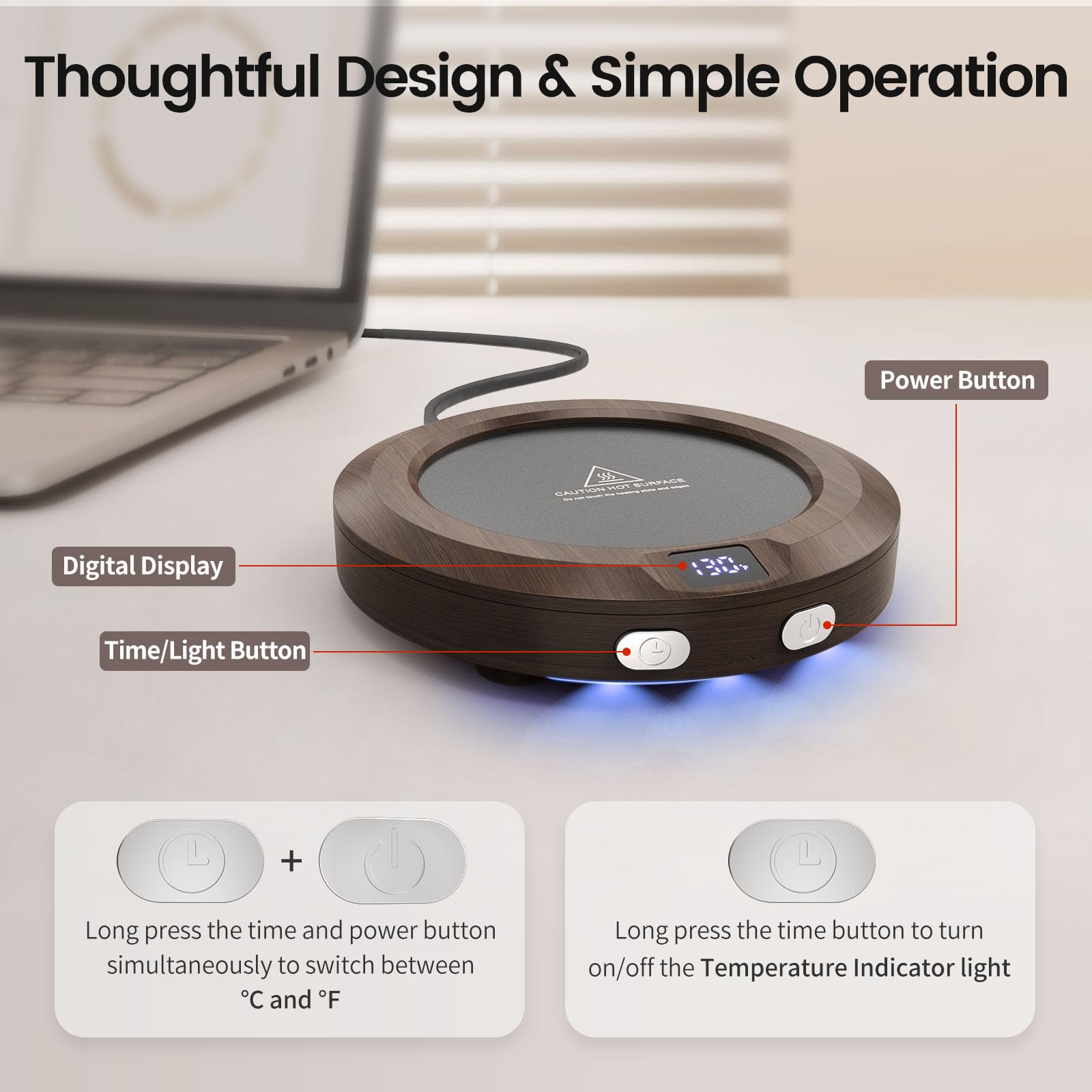 Mug Warmer, Coffee Warmer for Desk, Coffee Cup Warmer with 3 Temp Settings and Ambient Light, 2-12H Timer, 30W