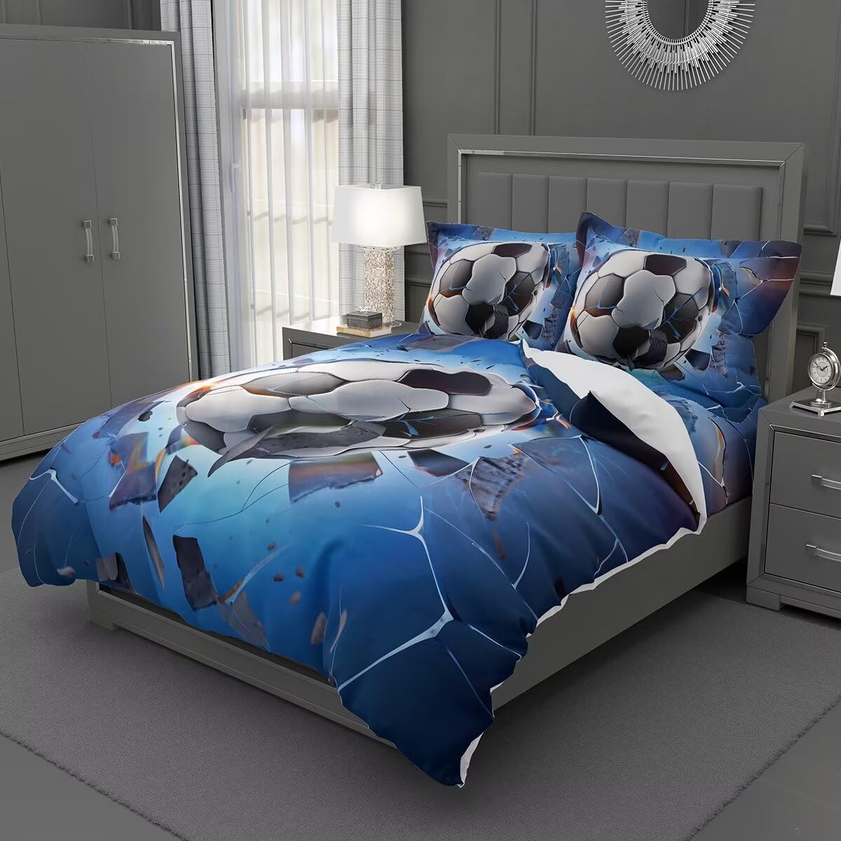 Lokaluo Football Duvet Cover Twin Size 3D Printed Sports Soccer Twin Duvet Cover Set Sports Theme Football Ball Cullet Bedding Set Bedroom Decor All Season 3 Pcs Comforter Cover with 2 Pillowcases