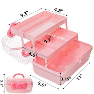 Noamus 11" Three-Layer Multipurpose Storage Box, Clear Plastic Art Craft Organizer, Portable First Aids Case with Handle Trays for Kids, Sewing Makeup Nail Hair Accessories, Home School Office(Pink)