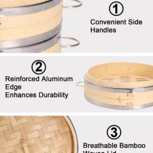 Niuirt Bamboo steamer basket set 8-inch, 2-tier dumpling steamer with side handles and 50pcs paper liners for buns, dim sum, dumplings, vegetables, and seafood.