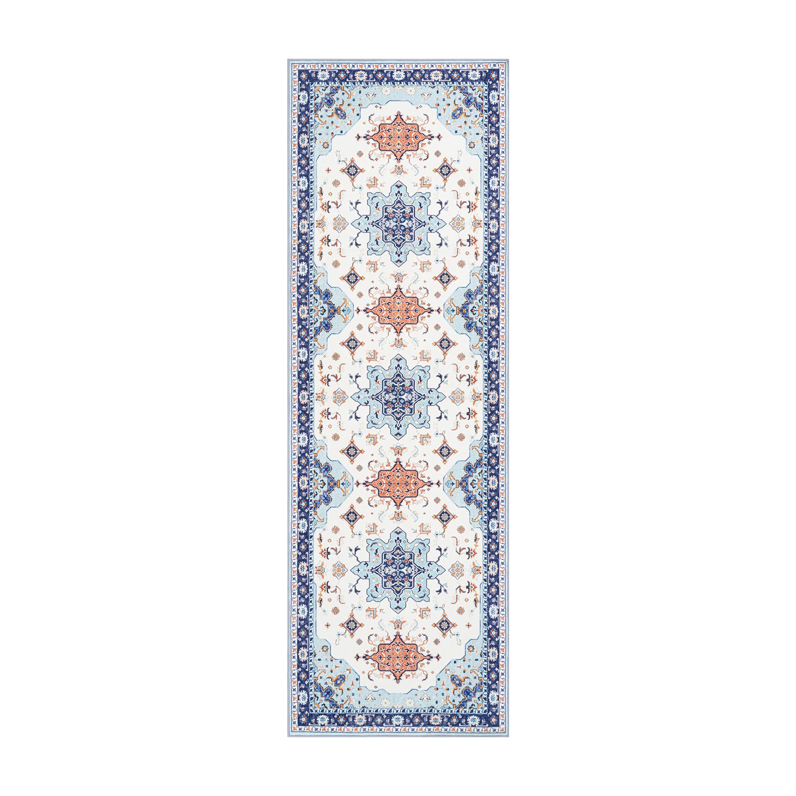 Phantoscope Hallway Runner Rug 2'x6'-Long Rug Runner Boho Retro-Patterned Washable Non-Slip Carpet for Kitchen Entryway Laundry Bedroom,Ultra-Thin Vintage Distressed Accent Rug,Blue/Orange/Cream