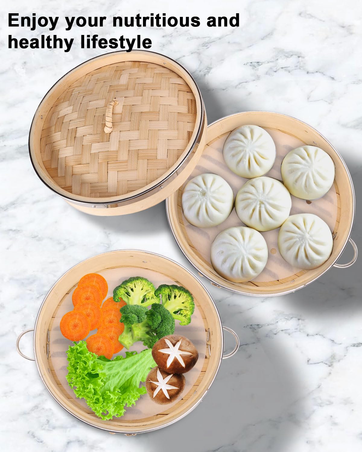 Niuirt Bamboo steamer basket set 8-inch, 2-tier dumpling steamer with side handles and 50pcs paper liners for buns, dim sum, dumplings, vegetables, and seafood.