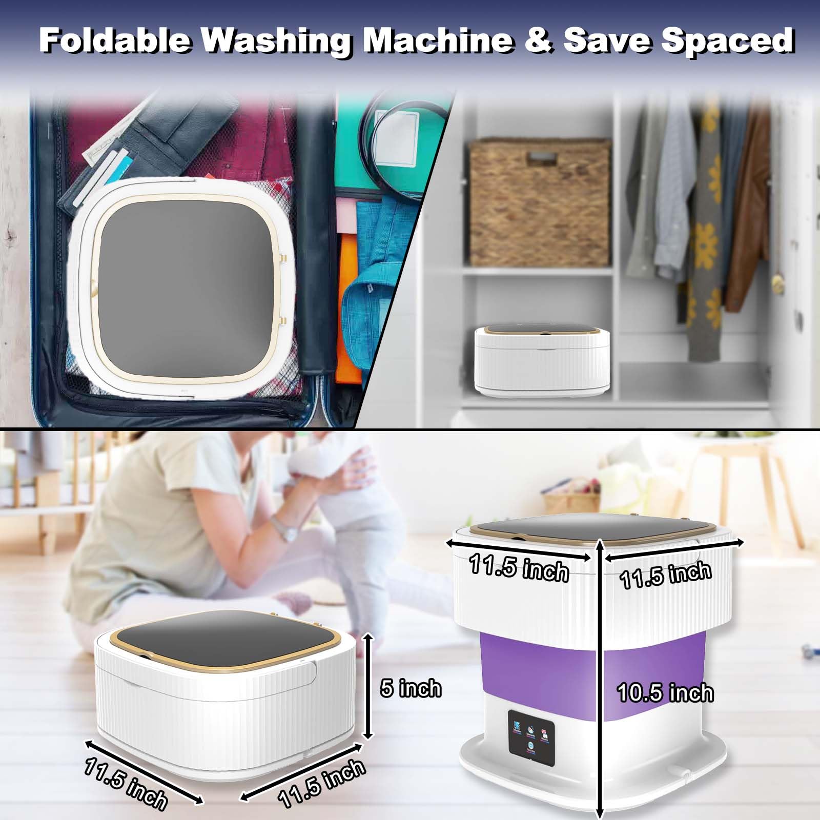 11L Portable Washing Machine, 2 in 1 Large Intelligent Laundry, Foldable Mini Washing Machine with Drain Basket Washer for Baby Clothes, Underwear, Apartment, Camping, RV, Gifts, Travel Purple