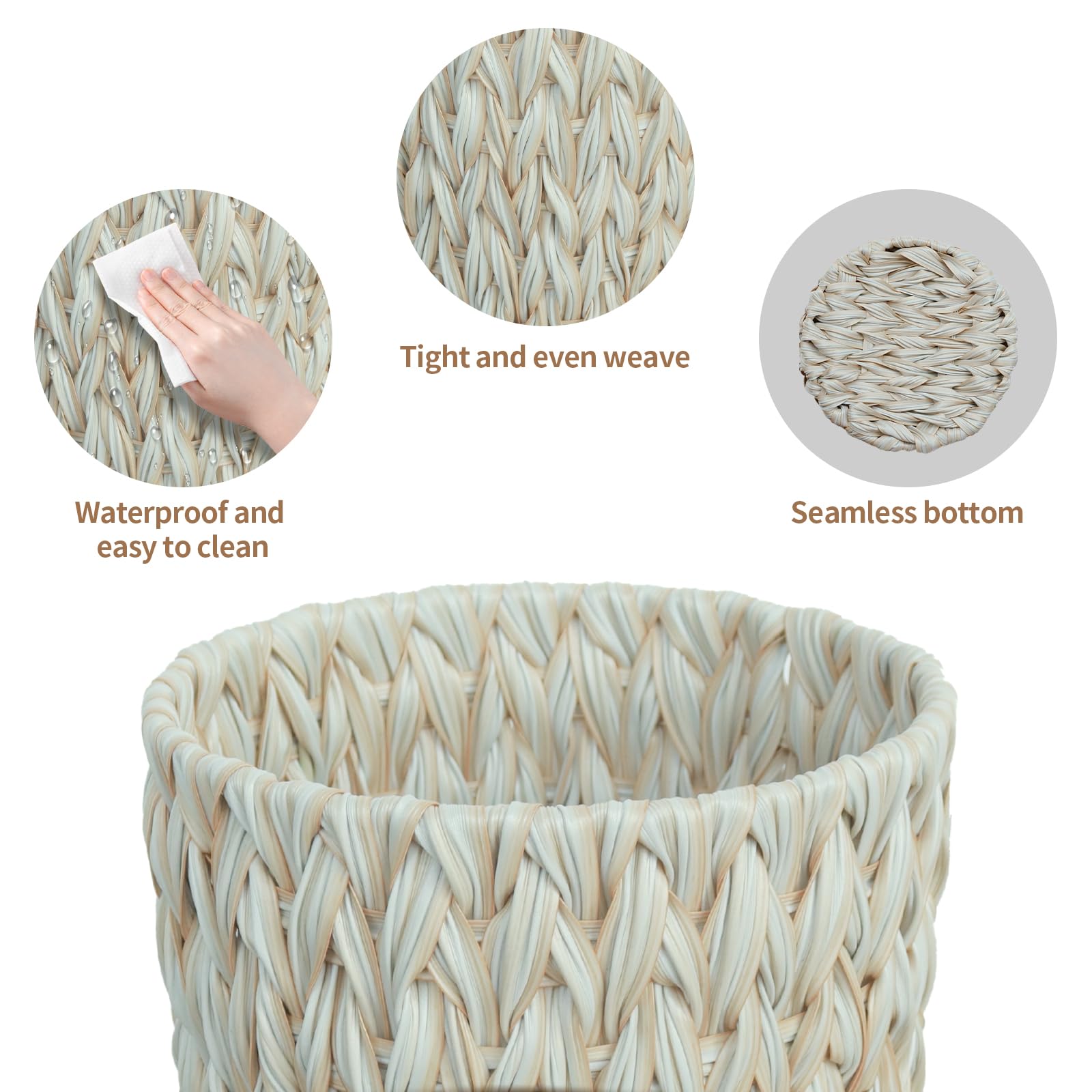 Endymion Wicker Trash Can,Wicker Waste Basket for Bathroom,Decorative Boho Small Bathroom Trash Can,Waterproof Wicker Trash Basket,2 Gallon Compact Round,Milk White