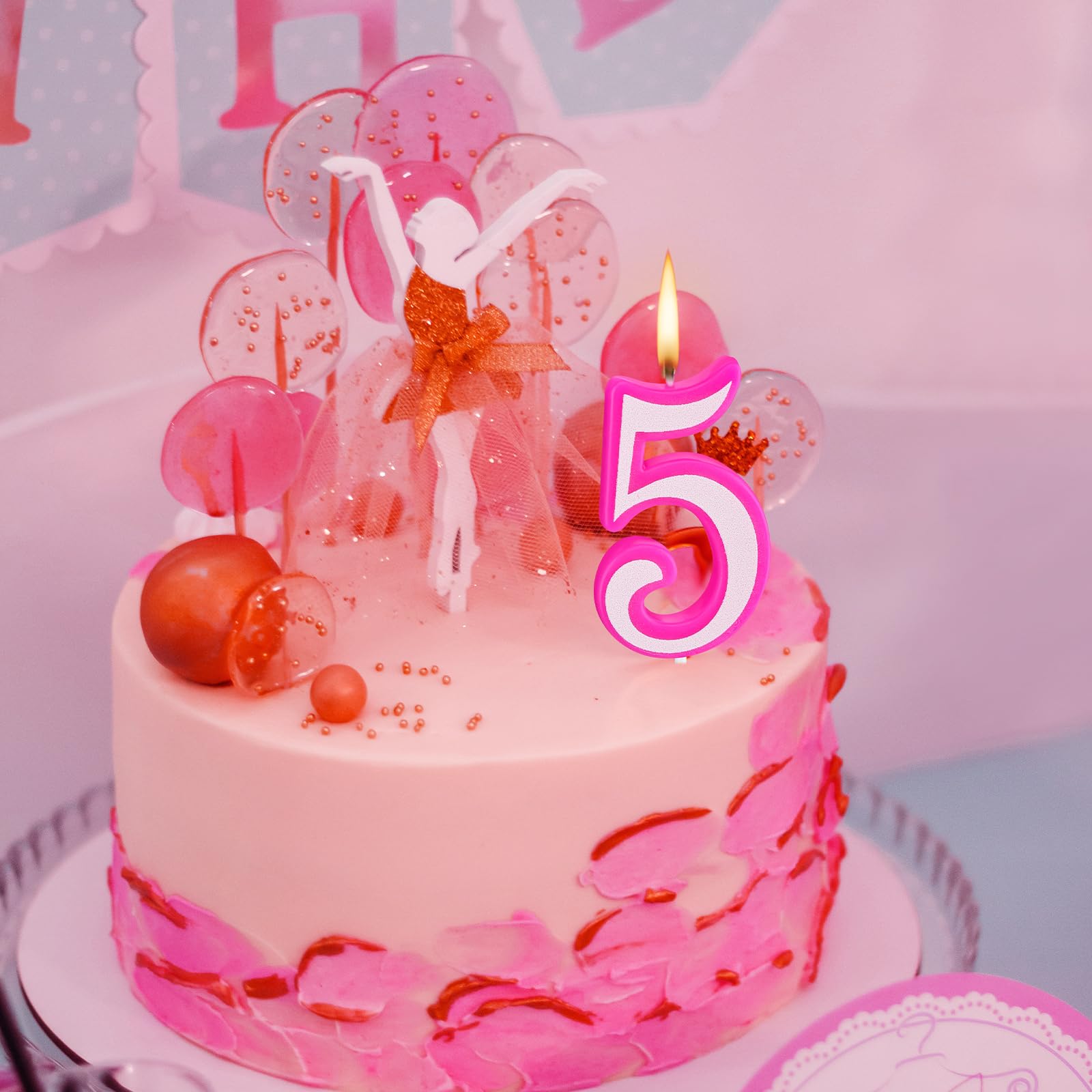 MTLEE Hot Pink Girl Birthday Candle Pink Numeral Birthday Candle Pink and White Birthday Cake Topper for Children Girls Birthday Decoration Princess and Singer Theme Party Supplies (Number 5)