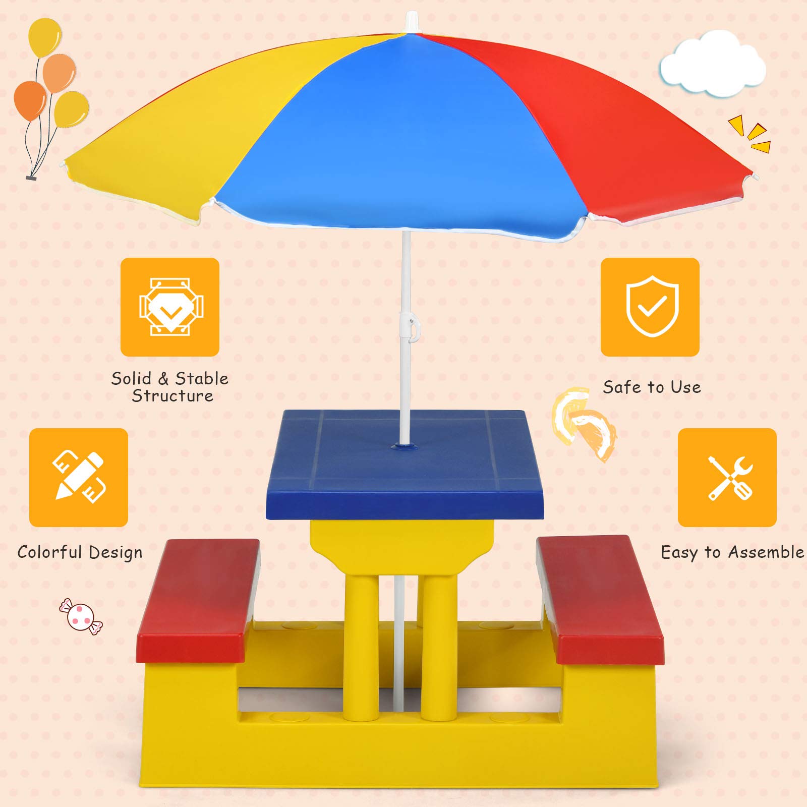 HOMGX Kids Picnic Table, Toddler Picnic Table with Removable & Foldable Umbrella, Plastic Children Patio Furniture for Garden Backyard, Kids Outdoor Table, Multicolored