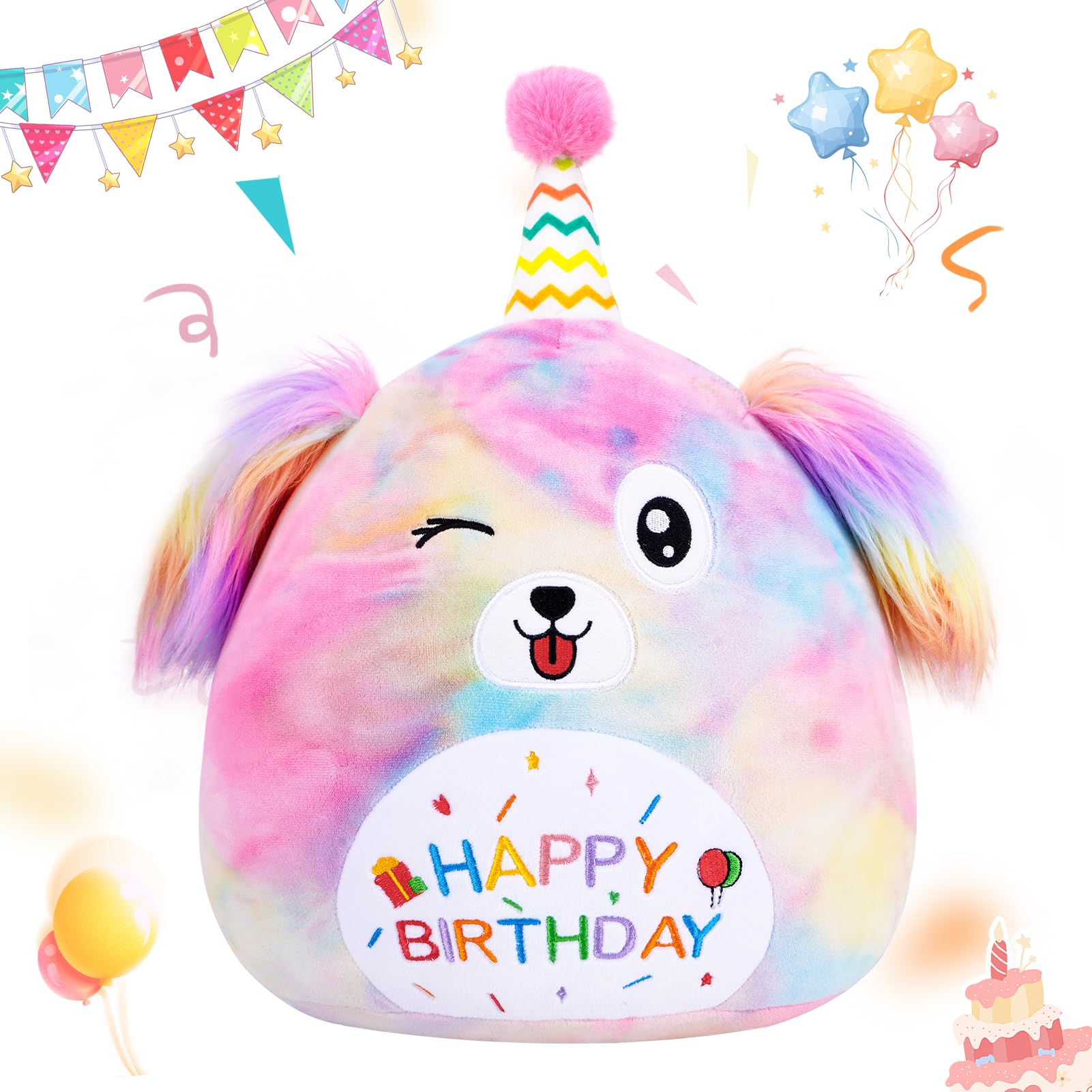 FCSONU 12 inch Dog Stuffed Animals Plush Toys Cute Plushies, Rainbow Birthday Dog Plush Pillows, Soft Puppy Doll Toys, Birthday Gifts for Girls Boys Kids Toddlers