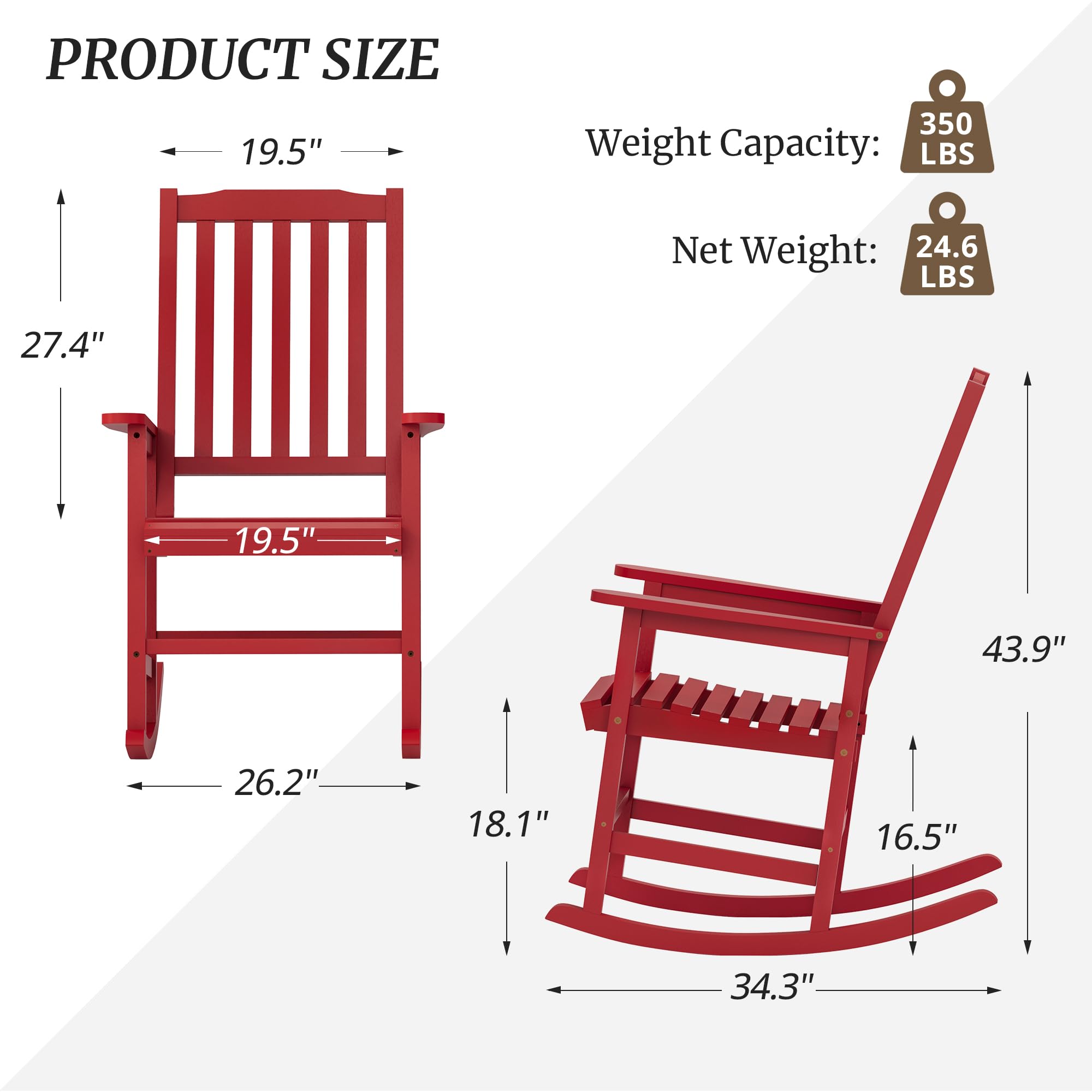 Cozyman Outdoor Rocking Chairs Set of 2, Acacia Wood Rocking Chairs, Patio Rocker Chair with Wide Seats, Red