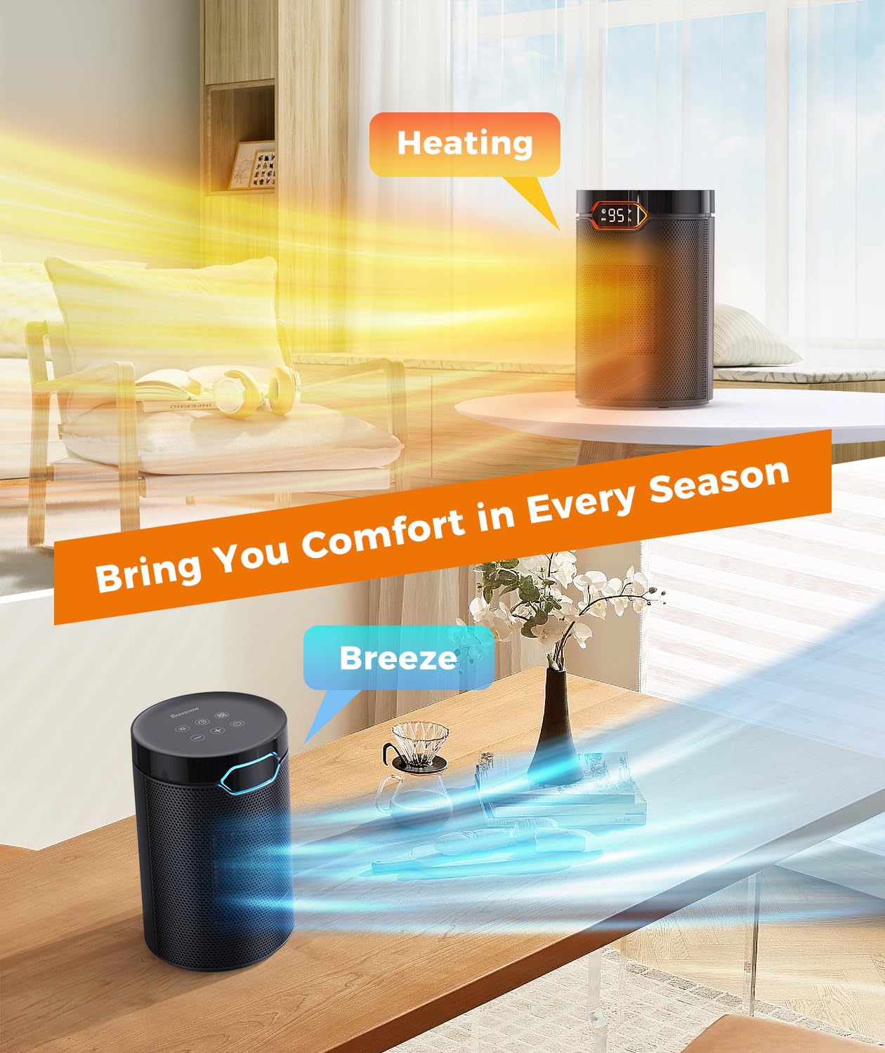 BREEZOME Space Heater, Portable Electric Heaters for Indoor Use with Thermostat & 24H Timer, 1500W PTC Ceramic Quiet Fast Heating Desk Heater, Safety Room Heater for Home Bedroom Office