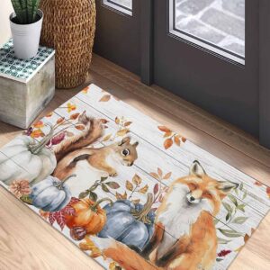 Fall Front Door Mat Outside Entrance, Thanksgiving Day Outdoor Indoor Low Profile Door Mats for Entryway, Funny Autumn Maple Leaves Pumpkin Squirrel Fox Welcome Mat Entry Doormats