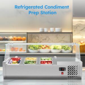 Mojgar Refrigerated Condiment Prep Station, 40 Inch Salad Bar Prep 304 Stainless Body, Sandwich Prep Table with 1 1/3 Pan & 4 1/6 Pans Tempered Glass Shield Auto Defrost