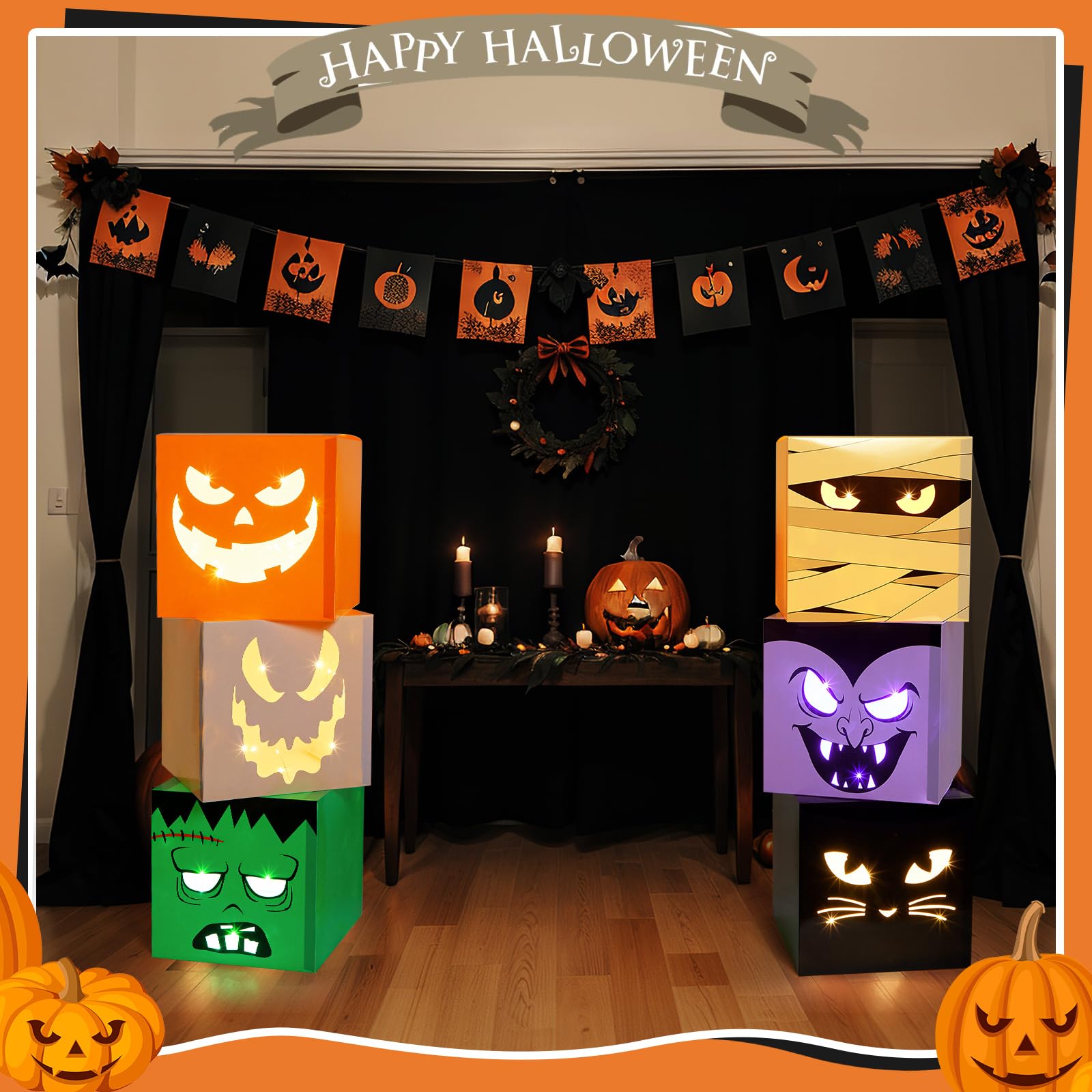 Zhanmai 6 Pcs Halloween Party Decoration 11.8 Inch Large Halloween Decorative Boxes with String Light Jack O Lanterns Blocks Halloween Luminous Box Halloween Lantern Box for Halloween Decor(Classic)