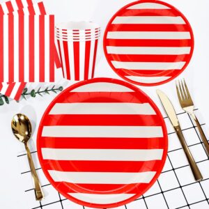 175Pcs Red and White Stripes Party Supplies Set 9"Red and White Striped Plates7"Red carnival Plates Napkins Cup Knive Fork Spoon for Striped Carnival Party Picnic BBQ Birthday Party Decor Serve25