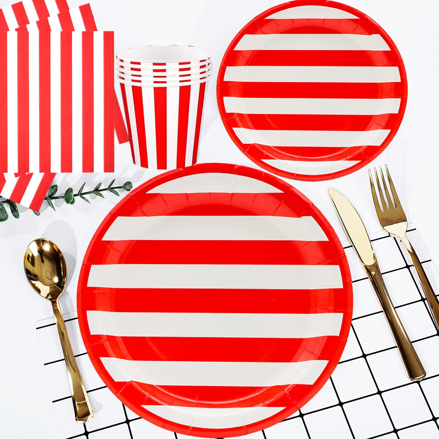 175Pcs Red and White Stripes Party Supplies Set 9"Red and White Striped Plates7"Red carnival Plates Napkins Cup Knive Fork Spoon for Striped Carnival Party Picnic BBQ Birthday Party Decor Serve25