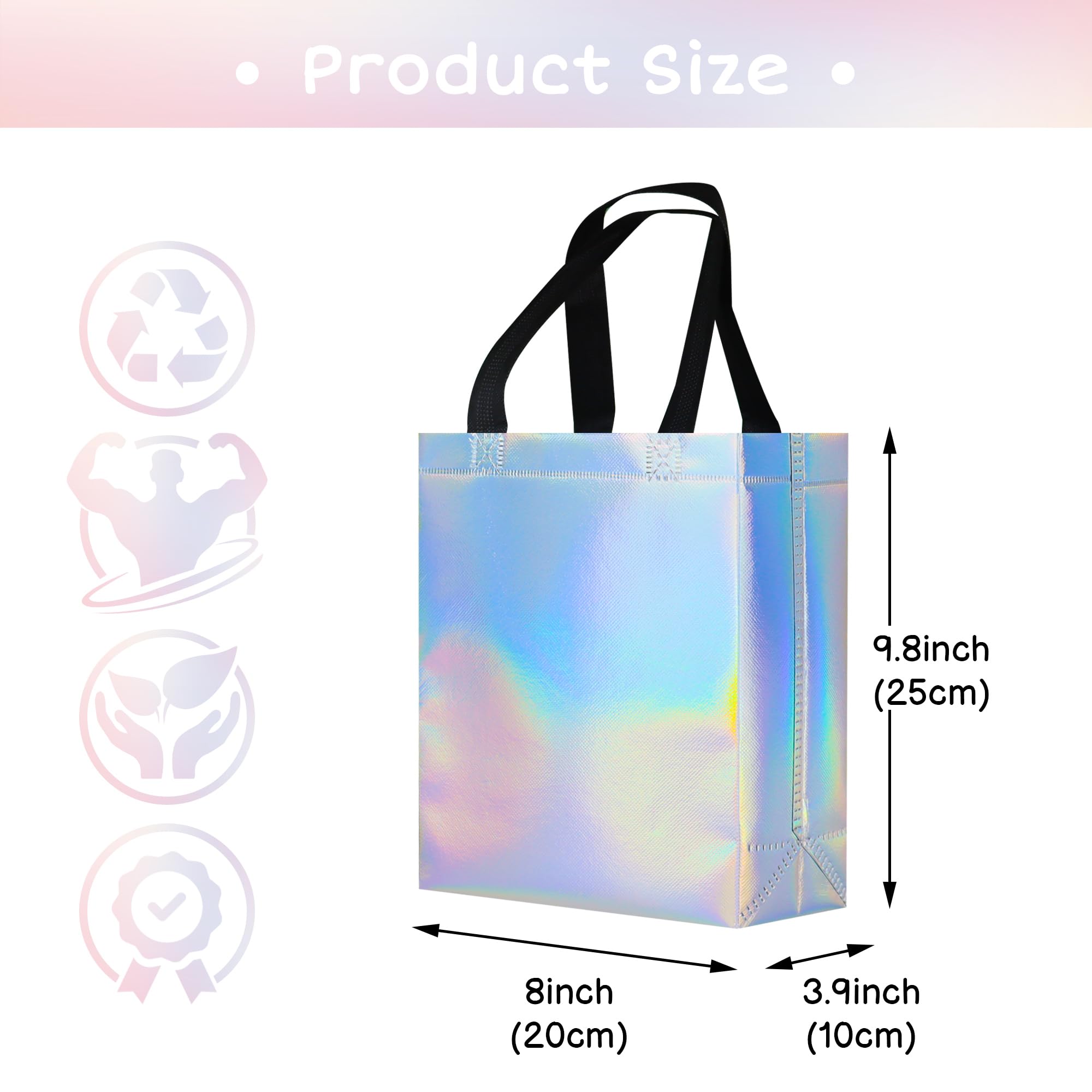 cabzymx 9 Pcs Glossy Small Iridescent Gift Bags in Bulk, 8x3.9x9.8 In Non-woven Reusable Party Goodie Bags with Sturdy Bases for Birthday, Weddings, Holiday, Easter, Party