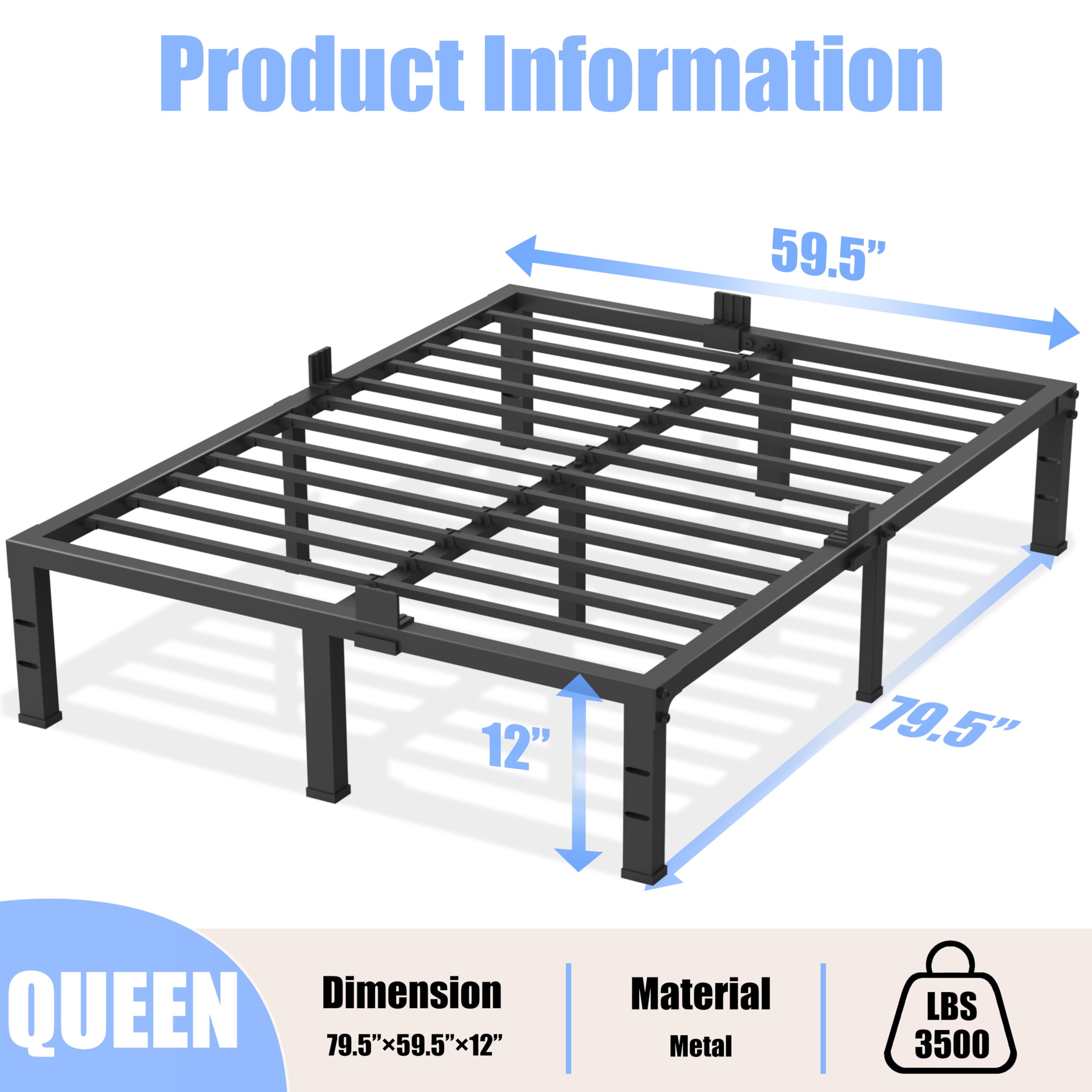 Yitong Angel Queen Bed Frame 12 inch High 3500 lbs Heavy Duty Metal Platform Mattress Foundation with Steel Slat Support/No Box Spring Needed/Noise Free/Non-Slip/Easy Assembly